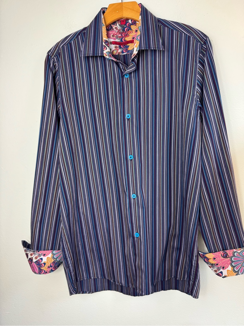 Men's Navy Multi-Stripe Dress Shirt with Pink Paisley Trim